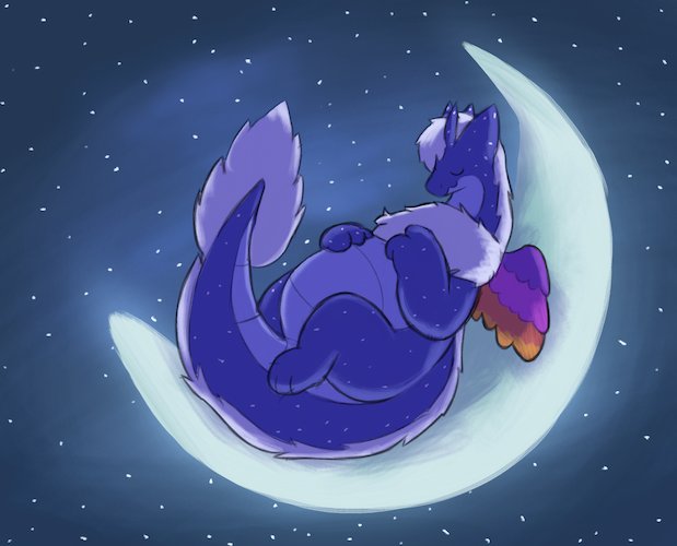 drawing of my dragon sona, nebula. they are sleeping on a crescent moon against a night sky backdrop.